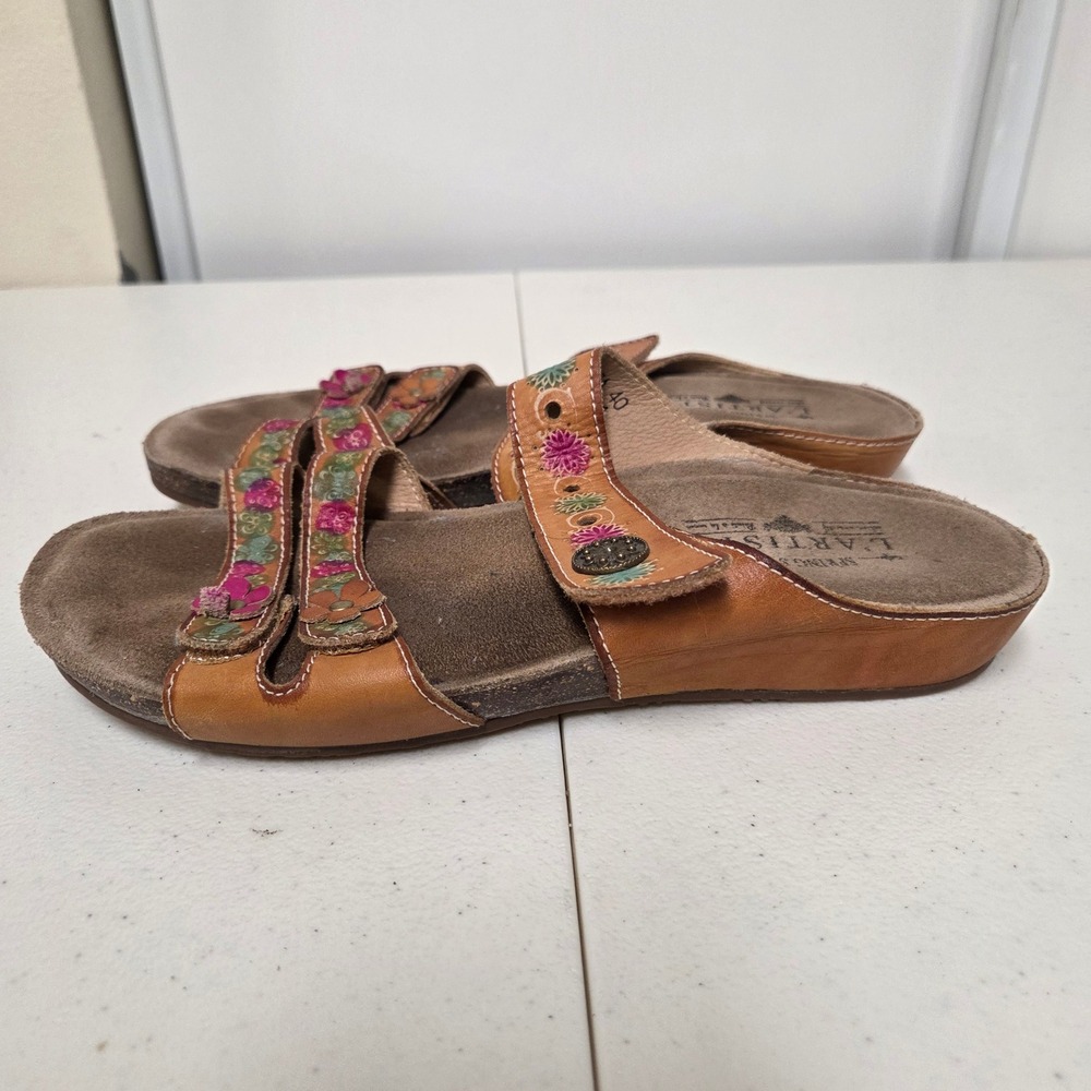 Spring Step L Artiste Freesia Tan Leather Floral Slide Sandals Womens 40 9-9.5